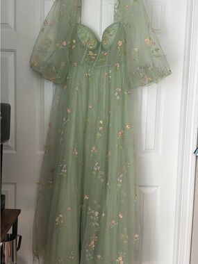 Sheer Sage Green Floral Embroidered Bridesmaid Dress